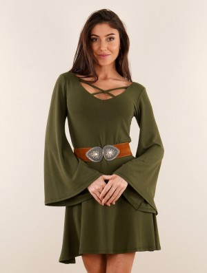 Army green Toonzshop Black Moon Reversible Flared Long Sleeve Dress Women Dress | 51749VTHM