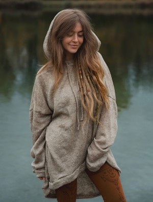 Beige Toonzshop Rashmi Oversized Long Hooded Jumper Women Jumper | 38214QUMX