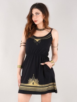 Black Toonzshop Lotus Oromë Printed Strappy Short Dress Women Dress | 48027QUDV