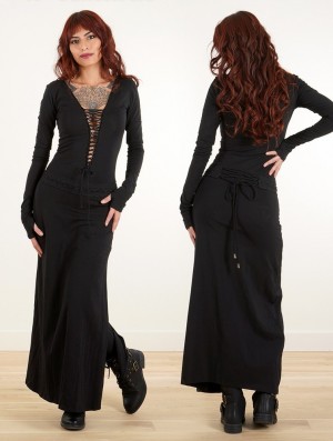 Black Toonzshop Valkyrie Lace-up Split Long Dress Women Dress | 35670GVOM