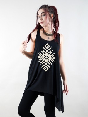 Black and beige Toonzshop Elbana Printed Knotted Sleeveless Tunic Women Tops | 48629DUHX