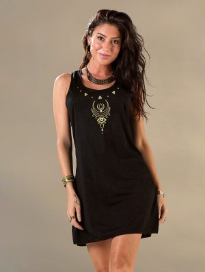 Black and gold Toonzshop Alruwhani Printed Sleeveless Short Dress Women Dress | 61589EQGP