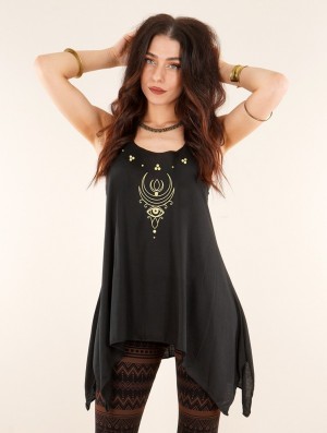 Black and gold Toonzshop Alruwhani Printed Knotted Sleeveless Tunic Women Tops | 46713GEYB