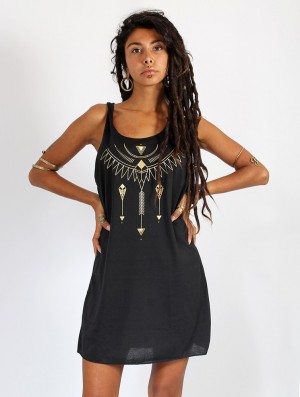 Black and gold Toonzshop Amonet Printed Sleeveless Short Dress Women Dress | 35264NKHC