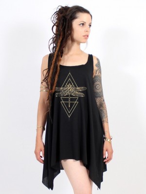 Black and gold Toonzshop Geometric Dragonfly Printed Knotted Sleeveless Tunic Women Tops | 68932LGPU