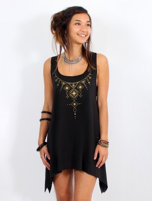 Black and gold Toonzshop Kyaani Printed Knotted Sleeveless Tunic Women Tops | 56490ZFGJ