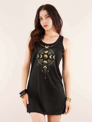 Black and gold Toonzshop Phase Lune Printed Sleeveless Short Dress Women Dress | 49120WYLM