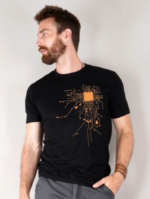 Black and orange Toonzshop Electrosystem Printed Short Sleeve T-shirt Men T-Shirt | 38275XMYO