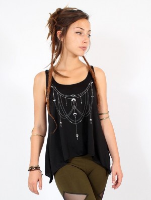 Black and silver Toonzshop Paalayan Printed Knotted Tank Top Women Tank Top | 48021JHCV