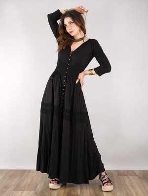 Black with black lace Toonzshop Heldaria Buttoned Long Dress Women Dress | 26893SFZQ