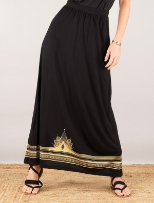 Black with golden prints Toonzshop Lotus Elerinna High Waist Maxi Skirt Women Skirt | 30176IFGR