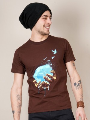 Brown Toonzshop Planet Printed Short Sleeve T-shirt Men T-Shirt | 03489EKGC