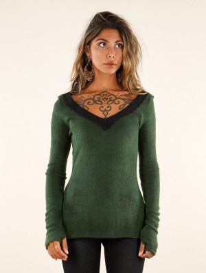 Forest green Toonzshop Ysälys Reversible Crochet-neck Sweater Women Sweater | 30269OFXC