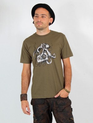 Light army green Toonzshop Octopus K7 Printed Short Sleeve T-shirt Men T-Shirt | 56912OUTX