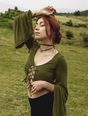 Olive green Toonzshop Elfique Flared Long Sleeve Crop Top With Front Lacing Women Tops | 05476VMCR