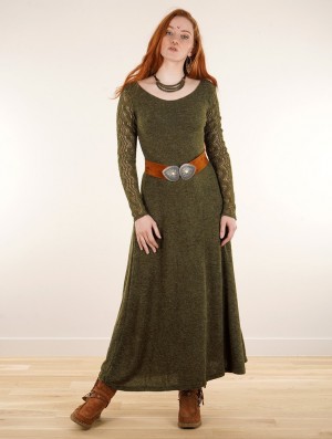 Olive green Toonzshop Melisandre Crochet Long Sleeve Long Sweater Dress Women Dress | 65498YRMV