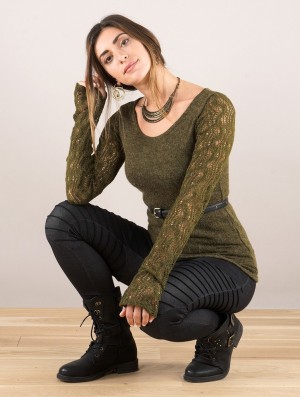 Olive green Toonzshop Oroshï Crochet Sleeve Sweater Women Sweater | 23617PZLS