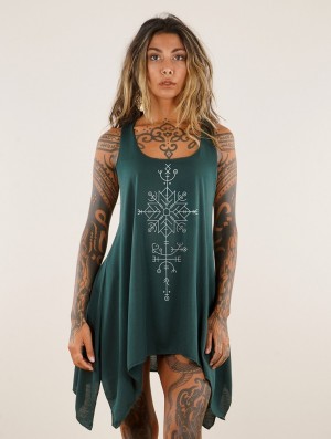 Teal and silver Toonzshop Freyja Printed Knotted Sleeveless Tunic Women Tops | 63519AOUP