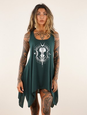 Teal and silver Toonzshop Ridaloo Printed Knotted Sleeveless Tunic Women Tops | 27860PQCY