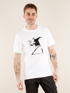 White Toonzshop Banksy Hooligan Flowers Printed Short Sleeve T-shirt Men T-Shirt | 31854NLUE