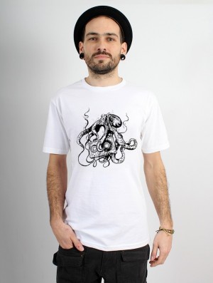 White Toonzshop Octopus K7 Printed Short Sleeve T-shirt Men T-Shirt | 75648LNQV