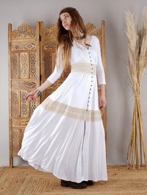 White and beige crochet Toonzshop Heldaria Buttoned Long Dress Women Dress | 43591RMCG