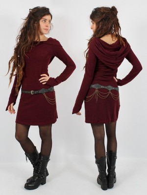 Wine Toonzshop Karmäa Hooded Sweater Dress Women Dress | 85391ZORJ