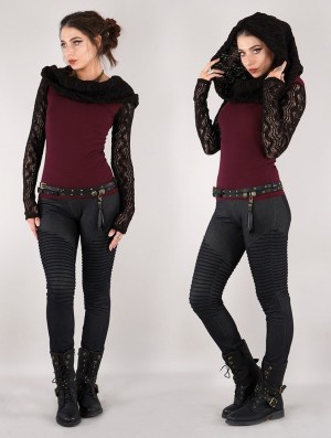 Wine and black Toonzshop Atmäa Crochet Long Sleeve Top Women Tops | 45291OGAD