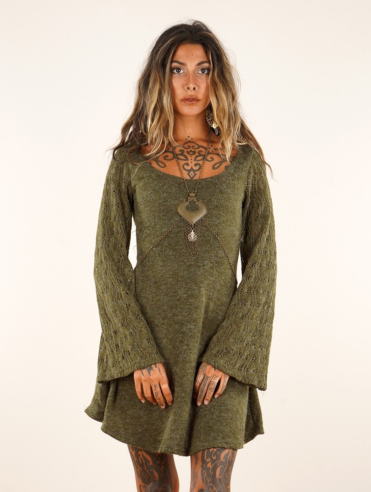 Army green Toonzshop Müse Crochet Sleeve Skater Dress Women Dress | 60758RXLA