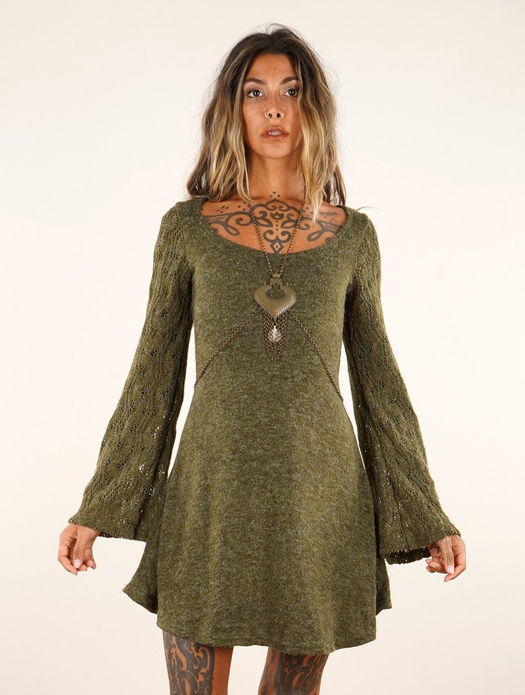 Army green Toonzshop Müse Crochet Sleeve Skater Dress Women Dress | 60758RXLA