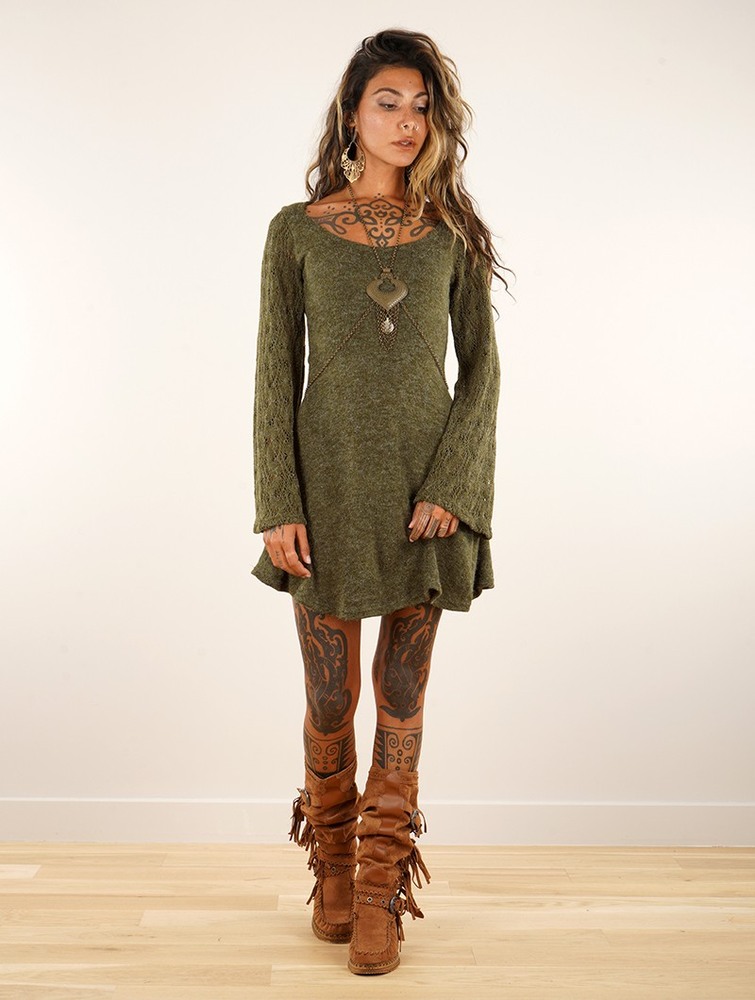 Army green Toonzshop Müse Crochet Sleeve Skater Dress Women Dress | 60758RXLA