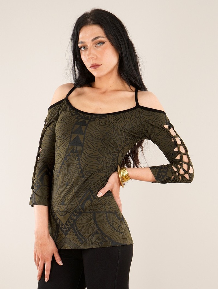 Army green Toonzshop Sedna Africa Cut Out Braided Back And 3/4 Sleeve Printed Top Women Bras | 36210NSTV