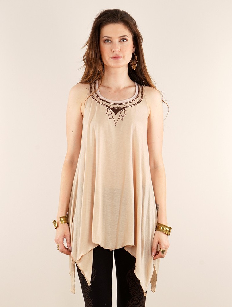 Beige Toonzshop Lotus Luinil Printed Flared Tank Tunic Women Tops | 08347MFYV