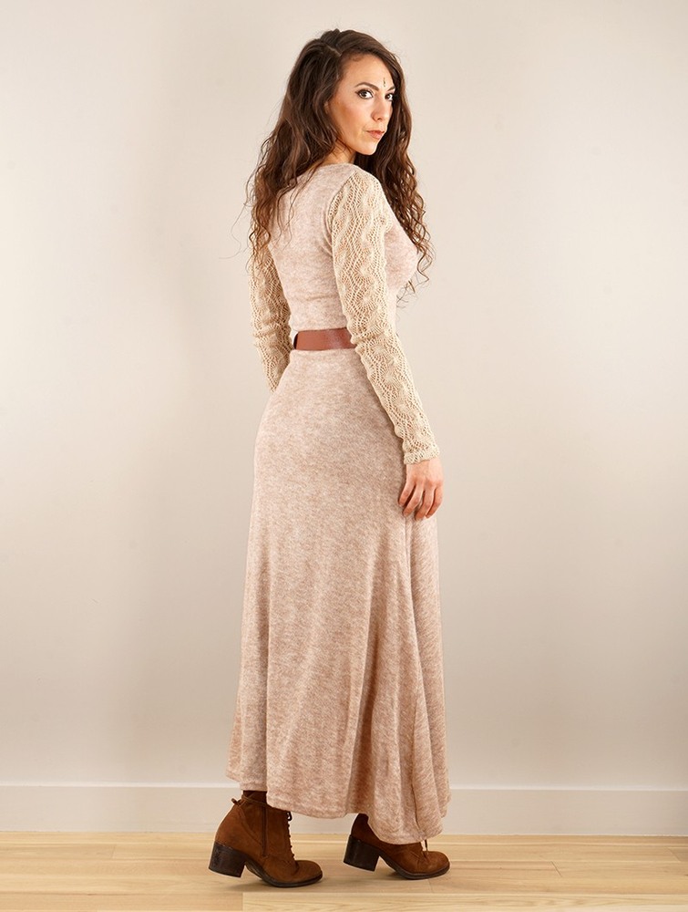 Beige Toonzshop Melisandre Crochet Long Sleeve Long Sweater Dress Women Dress | 26734YNBL