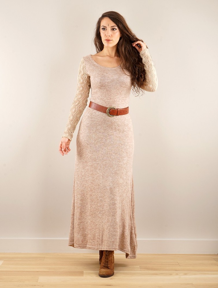 Beige Toonzshop Melisandre Crochet Long Sleeve Long Sweater Dress Women Dress | 26734YNBL