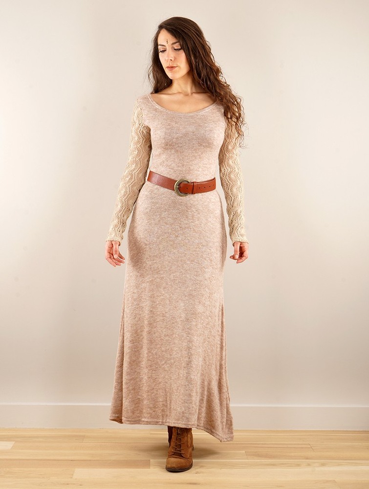 Beige Toonzshop Melisandre Crochet Long Sleeve Long Sweater Dress Women Dress | 26734YNBL