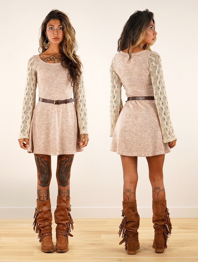 Beige Toonzshop Müse Crochet Sleeve Skater Dress Women Dress | 12864CXKZ