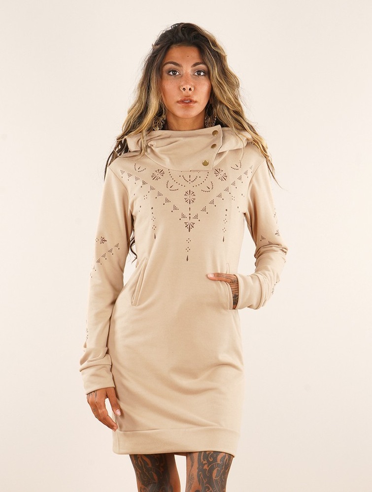 Beige Toonzshop Numendil Ornemental Dots Printed High Collar Hoodie Dress Women Dress | 04259BIMD