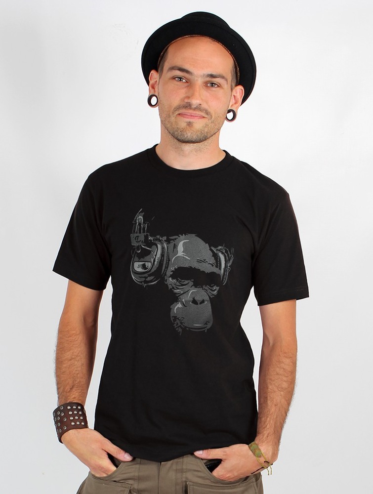 Black Toonzshop Dj Monkey Printed Short Sleeve T-shirt Men T-Shirt | 16739MJLY