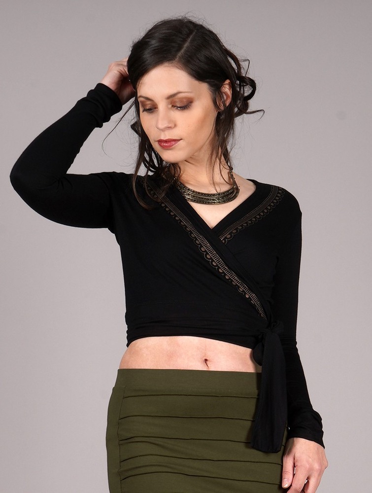 Black Toonzshop Irwaen Indie Long Sleeved Crop Top Women Tops | 58240NJWD