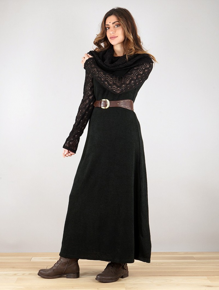 Black Toonzshop Nouchka Crochet Sleeves And Big Collar Long Sweater Dress Women Dress | 53849SFHT