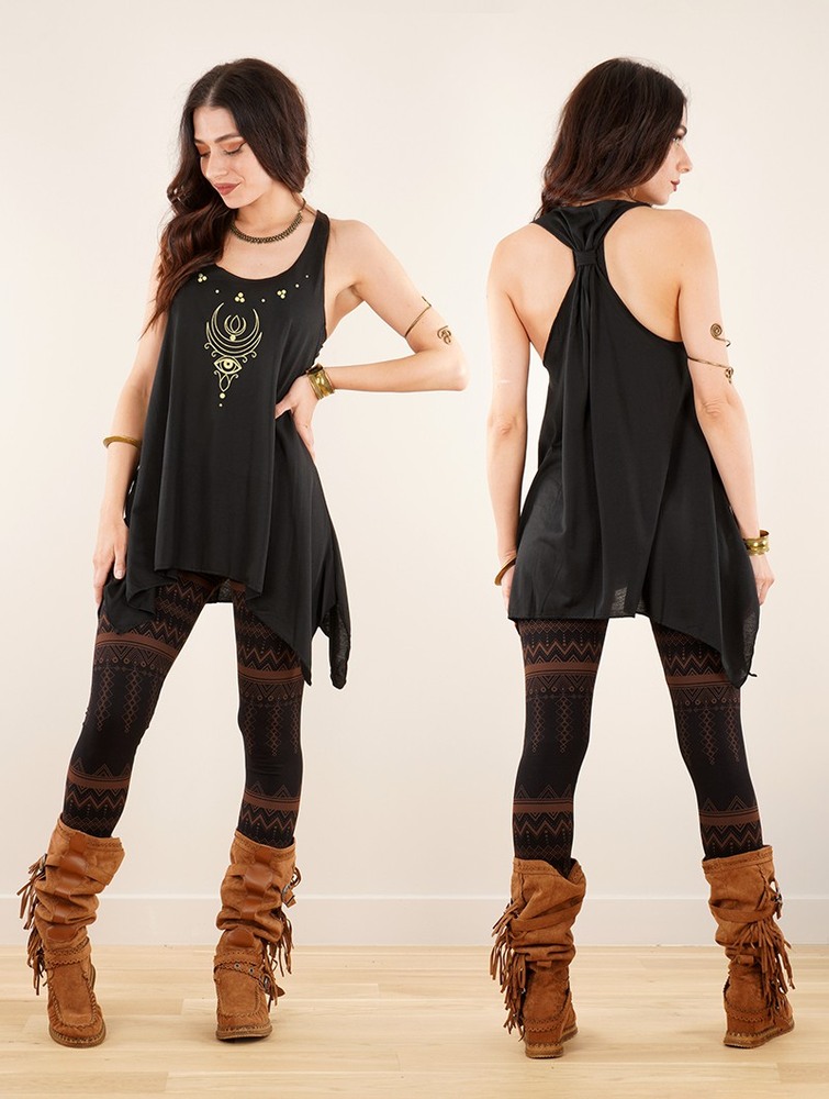 Black and gold Toonzshop Alruwhani Printed Knotted Sleeveless Tunic Women Tops | 46713GEYB