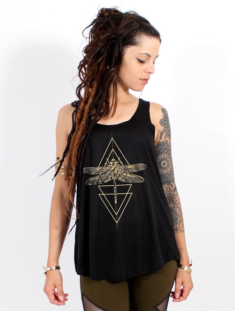 Black and gold Toonzshop Geometric Dragonfly Printed Tank Top Women Tank Top | 95624YQXD