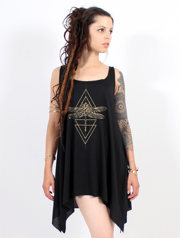 Black and gold Toonzshop Geometric Dragonfly Printed Knotted Sleeveless Tunic Women Tops | 68932LGPU