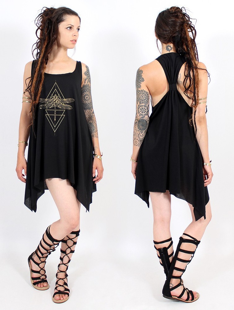 Black and gold Toonzshop Geometric Dragonfly Printed Knotted Sleeveless Tunic Women Tops | 68932LGPU