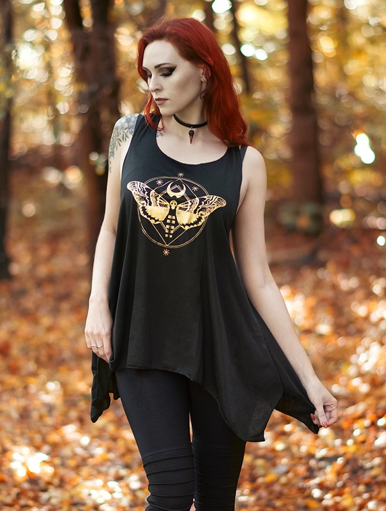 Black and gold Toonzshop Nightmoth Printed Knotted Sleeveless Tunic Women Tops | 38927VCHB