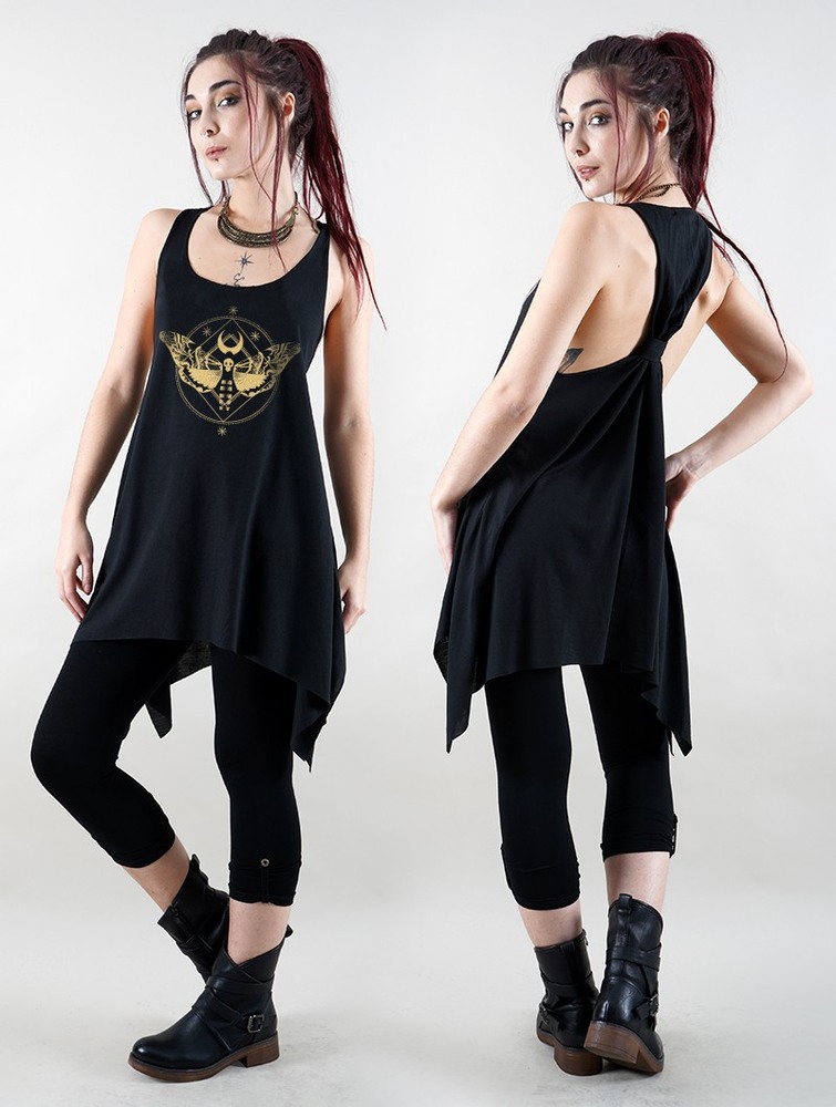 Black and gold Toonzshop Nightmoth Printed Knotted Sleeveless Tunic Women Tops | 38927VCHB