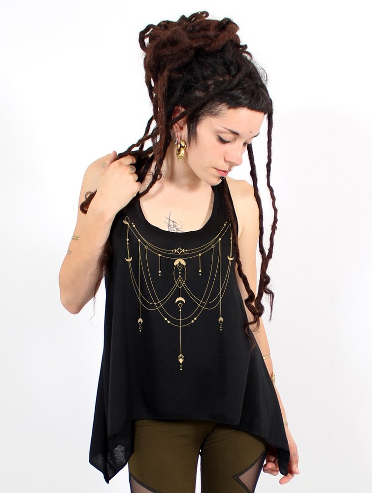 Black and gold Toonzshop Paalayan Printed Knotted Tank Top Women Tank Top | 02971GUSF