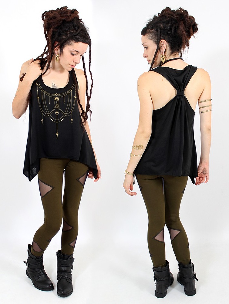 Black and gold Toonzshop Paalayan Printed Knotted Tank Top Women Tank Top | 02971GUSF