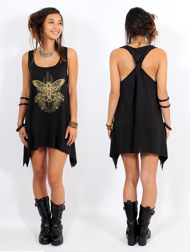 Black and gold Toonzshop Sunstra Sphynx Printed Knotted Sleeveless Tunic Women Tops | 25730PKGJ